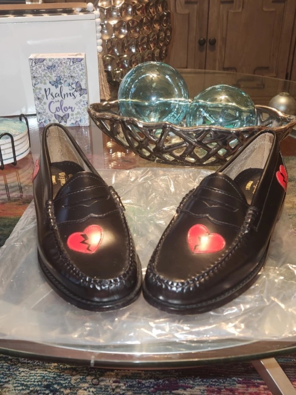 G. H. Bass Weejuns Black Leather Loafers with Red broken hearts